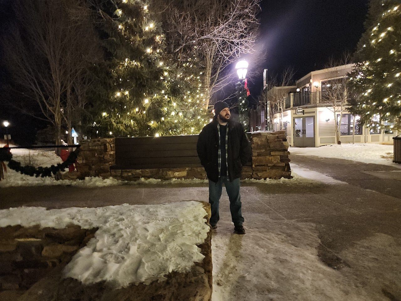 Spencer Callicott in historic downtown Breckenridge, Colorado at night during the Snow Sculpture Championships