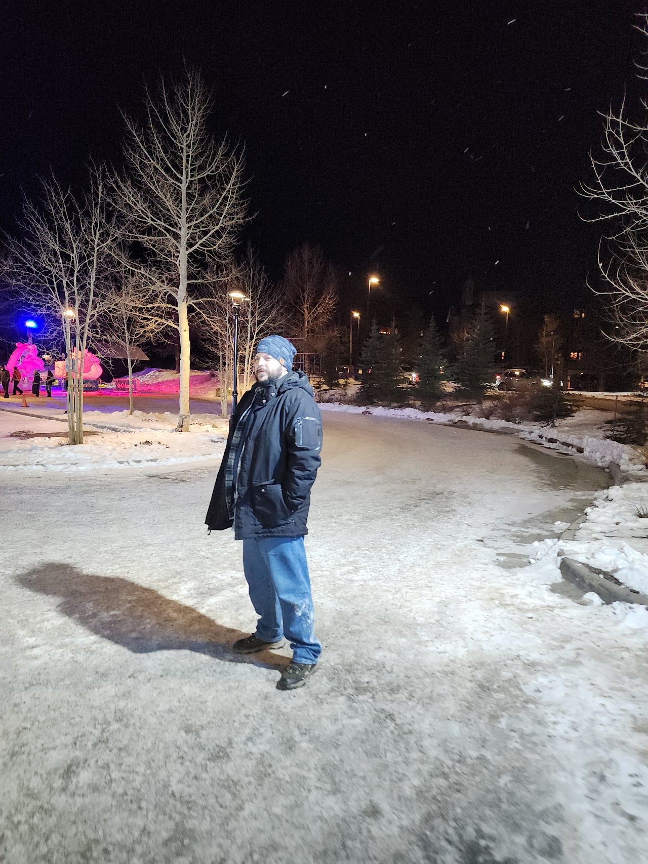 Spencer Callicott at the International Snow Sculpture Championships in downtown Breckenridge, Colorado at night